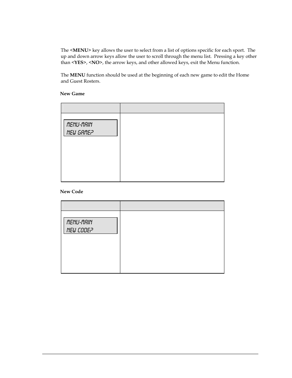 2 menu, Menu-main new game, Menu-main new code | Daktronics All Sport 5000 User Manual | Page 108 / 416