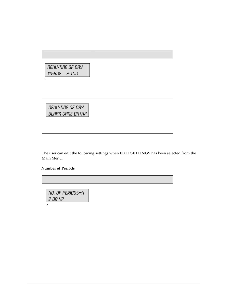 3 settings, Menu-time of day 1*game 2-tod, Menu-time of day blank game data | No. of periods=n 2 or 4 | Daktronics All Sport 5000 User Manual | Page 113 / 416