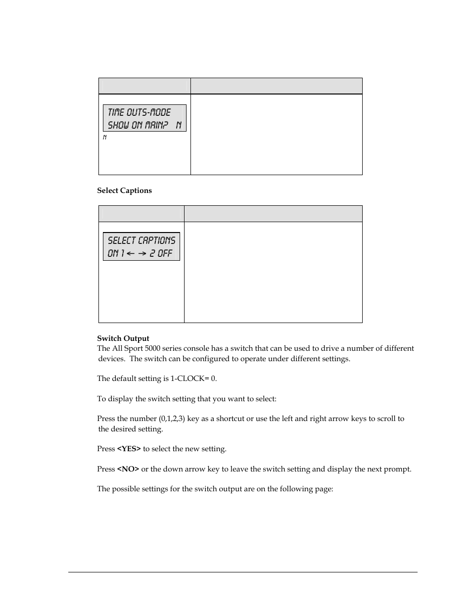 Time outs-mode show on main? n, Select captions on 1 ← → 2 off | Daktronics All Sport 5000 User Manual | Page 164 / 416