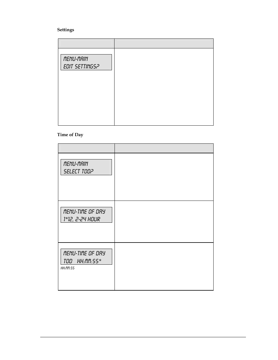 Menu-main edit settings, Menu-main select tod, Menu-time of day tod hh:mm:ss | Daktronics All Sport 5000 User Manual | Page 176 / 416