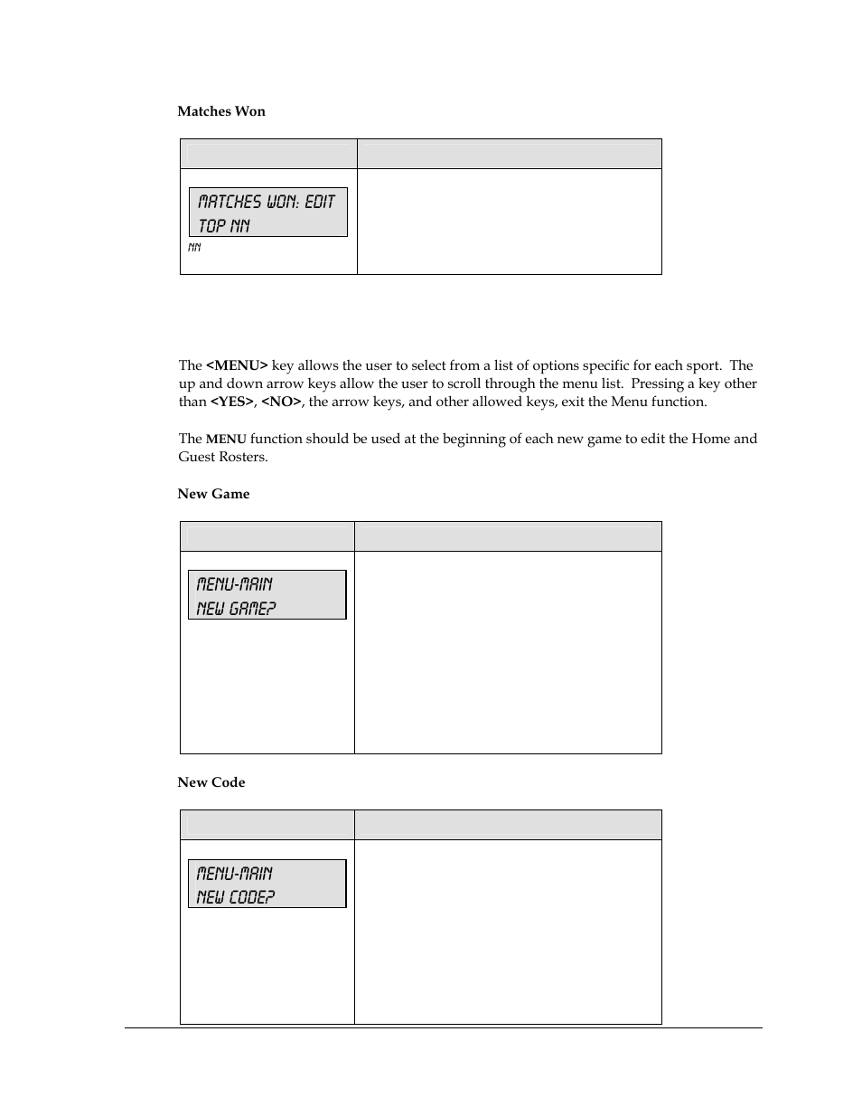 3 menu, Matches won: edit top nn, Menu-main new game | Menu-main new code | Daktronics All Sport 5000 User Manual | Page 186 / 416