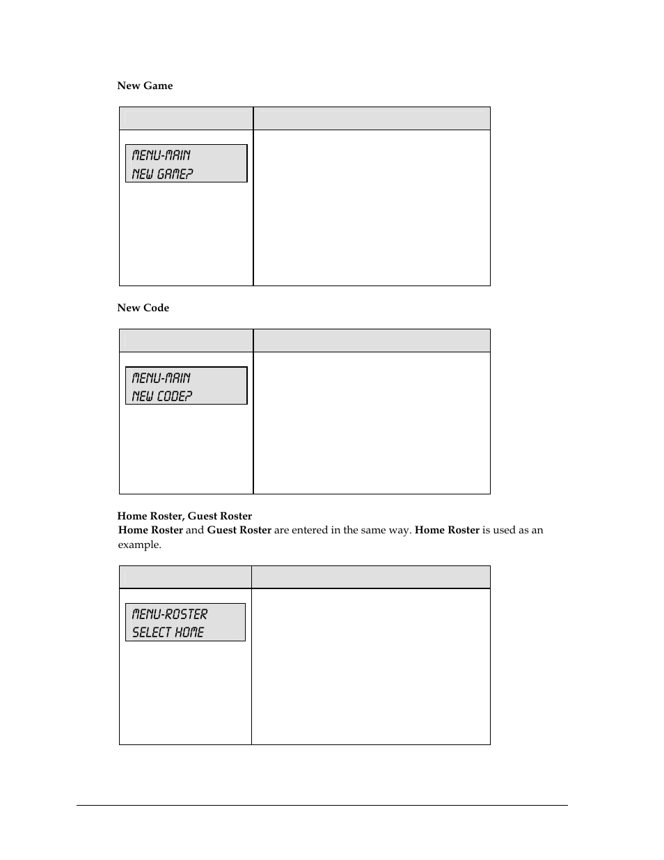 Menu-main new game, Menu-main new code, Menu-roster select home | Daktronics All Sport 5000 User Manual | Page 199 / 416