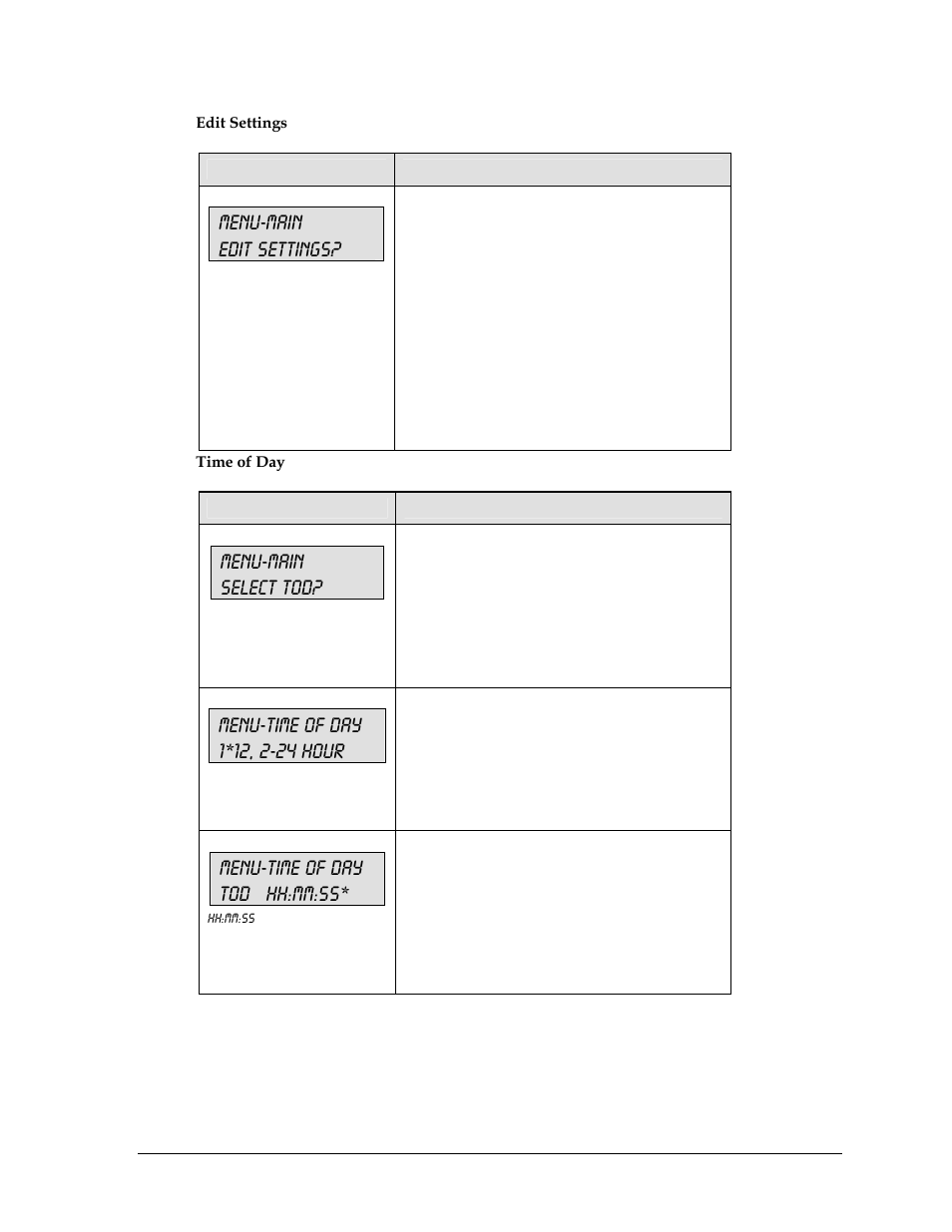 Menu-main edit settings, Menu-main select tod, Menu-time of day tod hh:mm:ss | Daktronics All Sport 5000 User Manual | Page 202 / 416