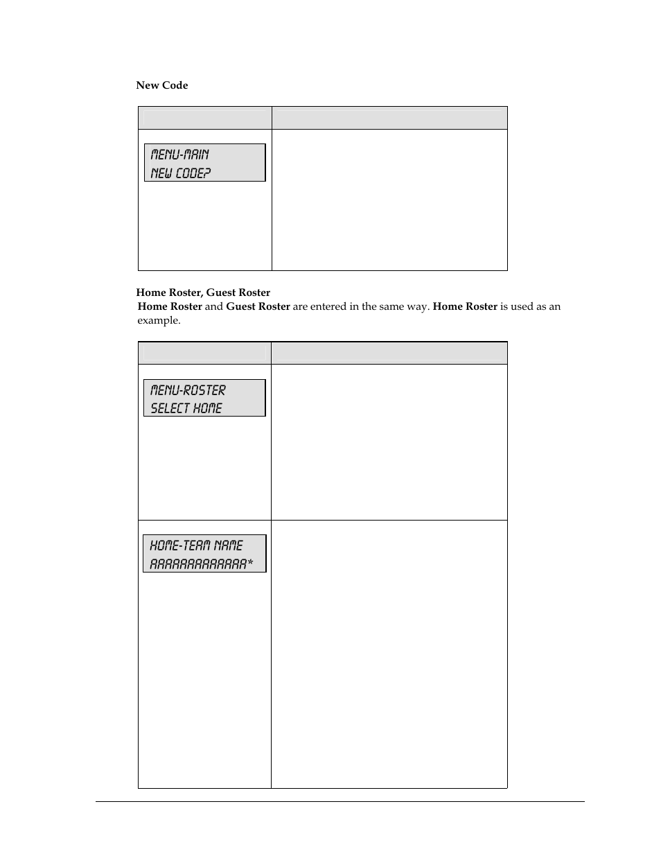 Menu-main new code, Menu-roster select home | Daktronics All Sport 5000 User Manual | Page 218 / 416