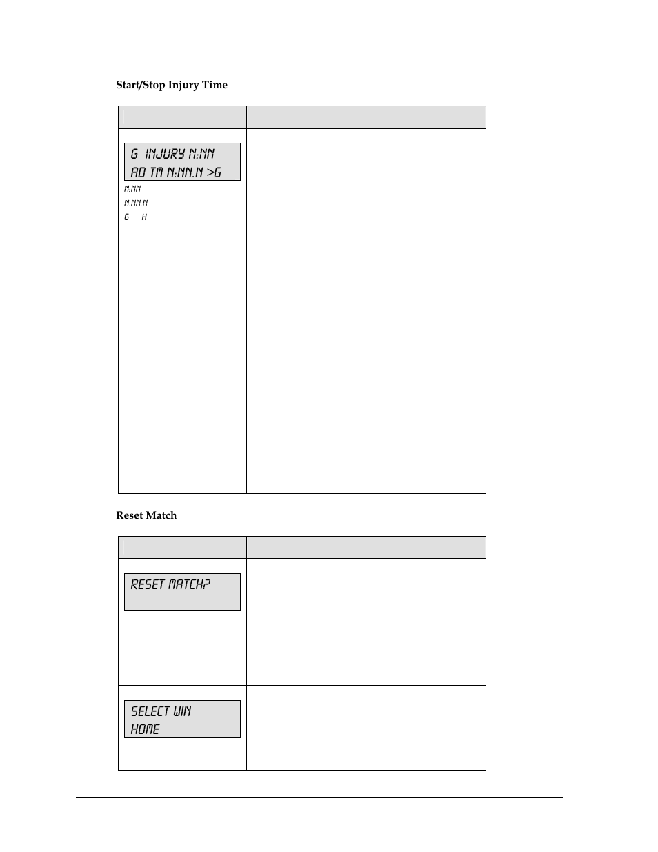G injury n:nn ad tm n:nn.n >g, Reset match, Select win home | Daktronics All Sport 5000 User Manual | Page 235 / 416