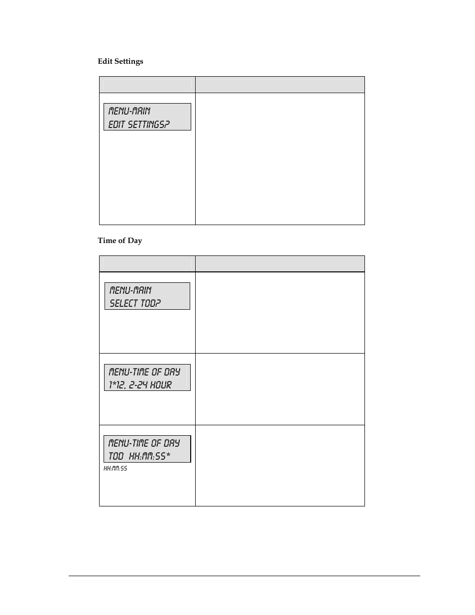 Menu-main edit settings, Menu-main select tod, Menu-time of day tod hh:mm:ss | Daktronics All Sport 5000 User Manual | Page 244 / 416