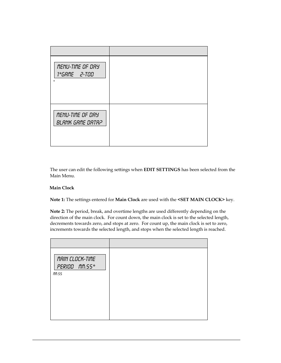 4 settings, Menu-time of day 1*game 2-tod, Menu-time of day blank game data | Main clock-time period mm:ss | Daktronics All Sport 5000 User Manual | Page 245 / 416