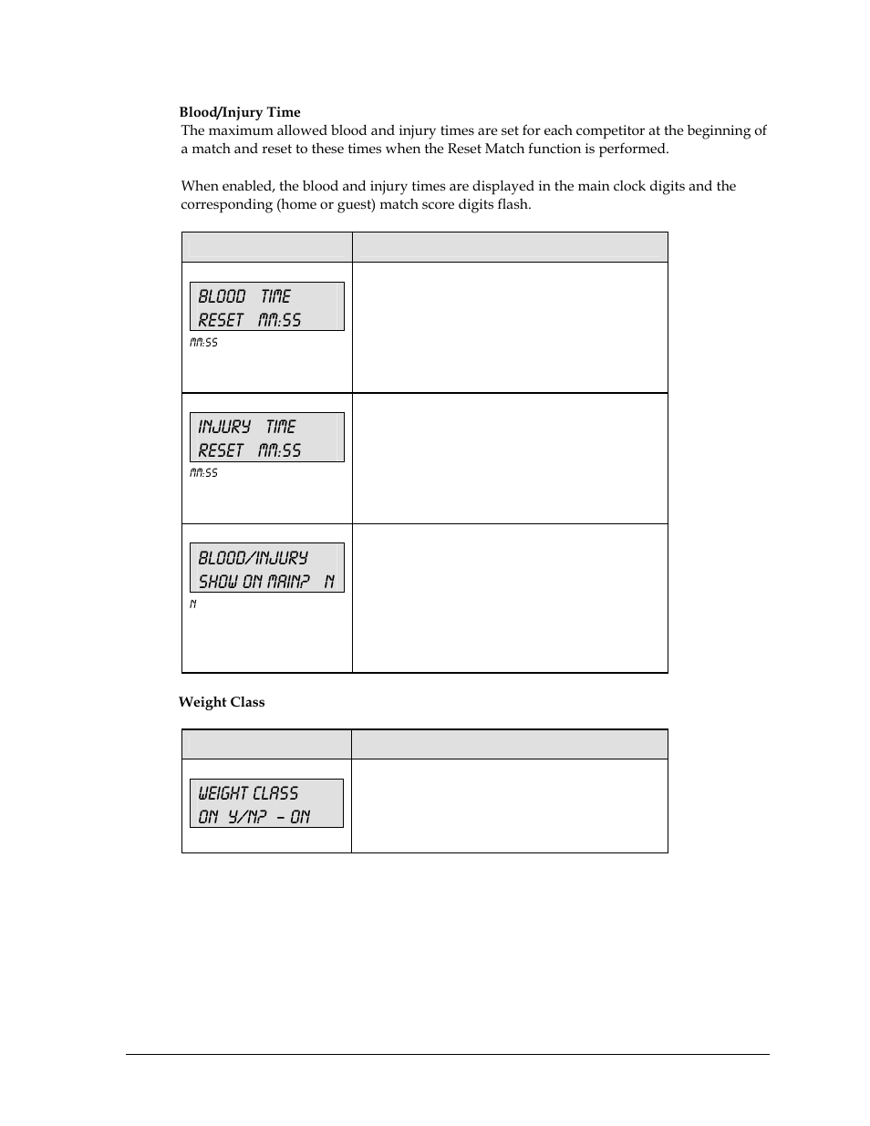 Blood time reset mm:ss, Injury time reset mm:ss, Blood/injury show on main? n | Weight class on y/n? – on | Daktronics All Sport 5000 User Manual | Page 246 / 416