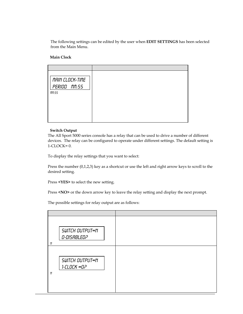 4 settings, Main clock-time period mm:ss, Switch output=n 0-disabled | Switch output=n 1-clock =0 | Daktronics All Sport 5000 User Manual | Page 262 / 416