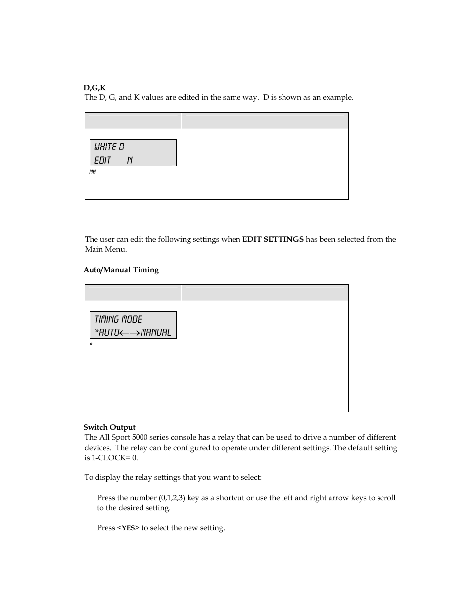 3 edit, 4 settings, White d edit n | Timing mode *auto←→manual | Daktronics All Sport 5000 User Manual | Page 271 / 416