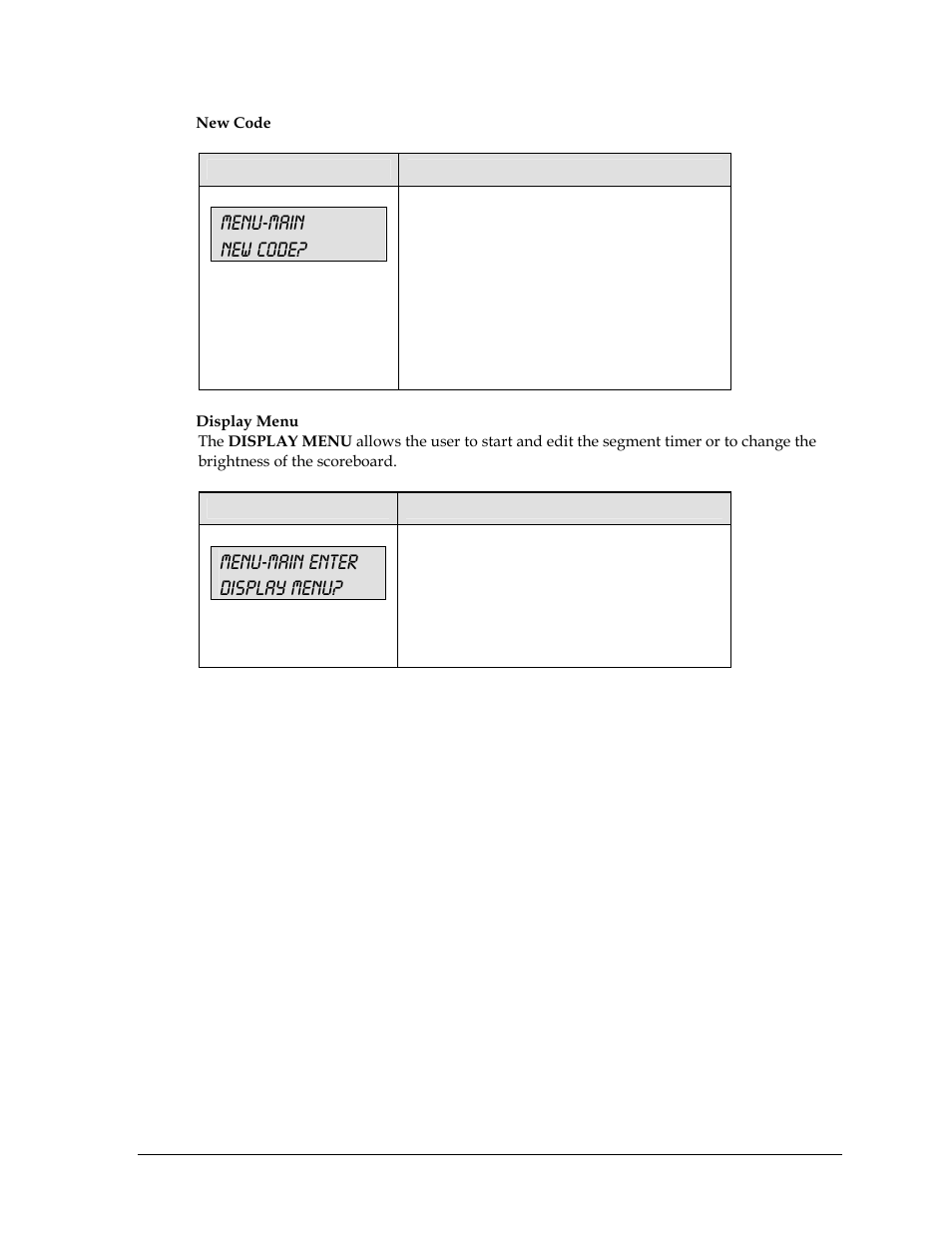 Menu-main new code, Menu-main enter display menu | Daktronics All Sport 5000 User Manual | Page 282 / 416