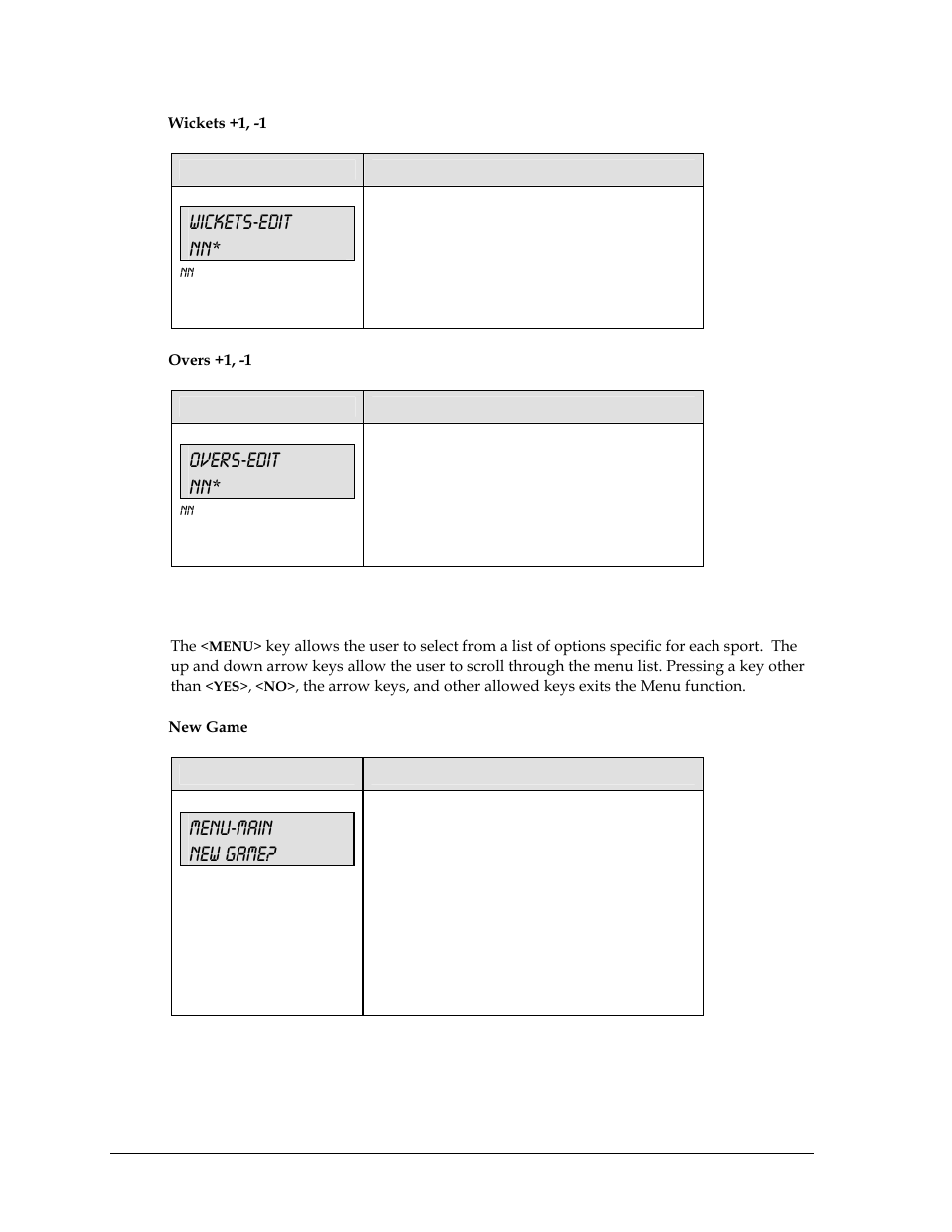 3 menu, Wickets-edit nn, Overs-edit nn | Menu-main new game | Daktronics All Sport 5000 User Manual | Page 305 / 416