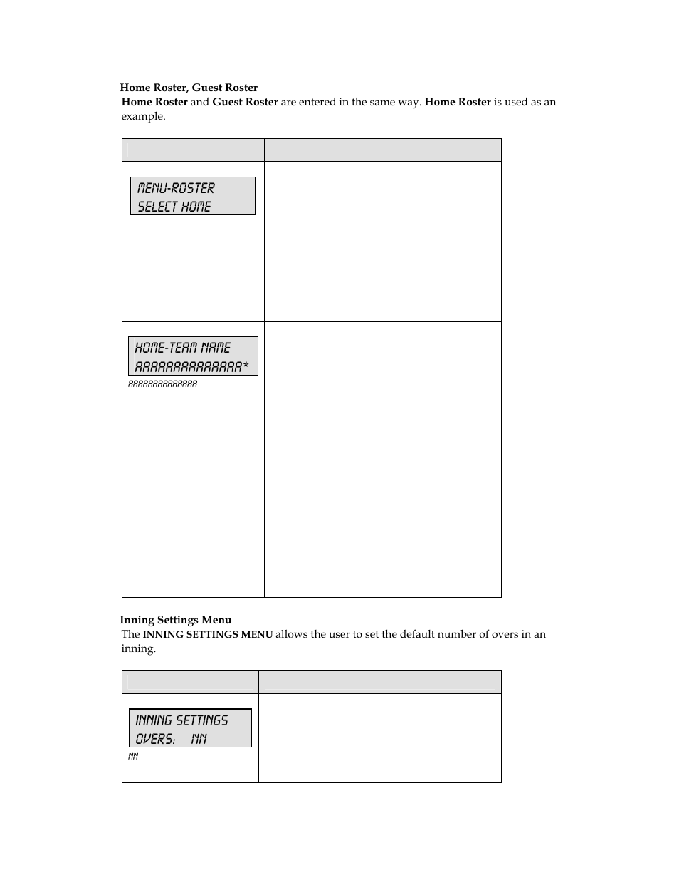 Menu-roster select home, Inning settings overs: nn | Daktronics All Sport 5000 User Manual | Page 307 / 416