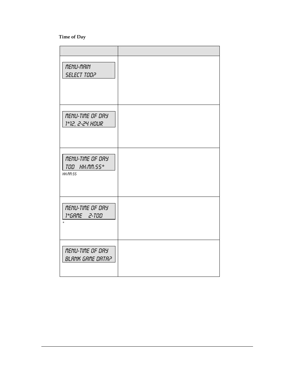 Menu-main select tod, Menu-time of day tod hh:mm:ss, Menu-time of day 1*game 2-tod | Menu-time of day blank game data | Daktronics All Sport 5000 User Manual | Page 322 / 416