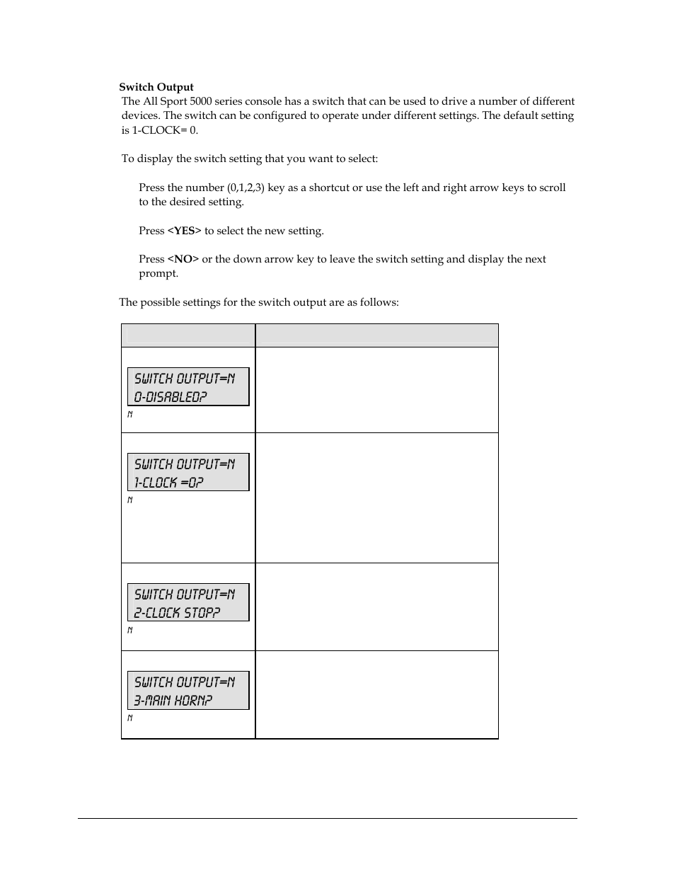 Switch output=n 0-disabled, Switch output=n 1-clock =0, Switch output=n 2-clock stop | Switch output=n 3-main horn | Daktronics All Sport 5000 User Manual | Page 327 / 416