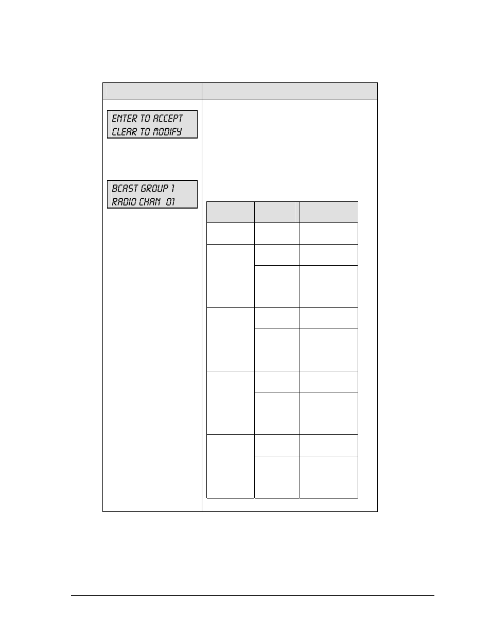 Enter to accept clear to modify, Bcast group 1 radio chan 01 | Daktronics All Sport 5000 User Manual | Page 44 / 416