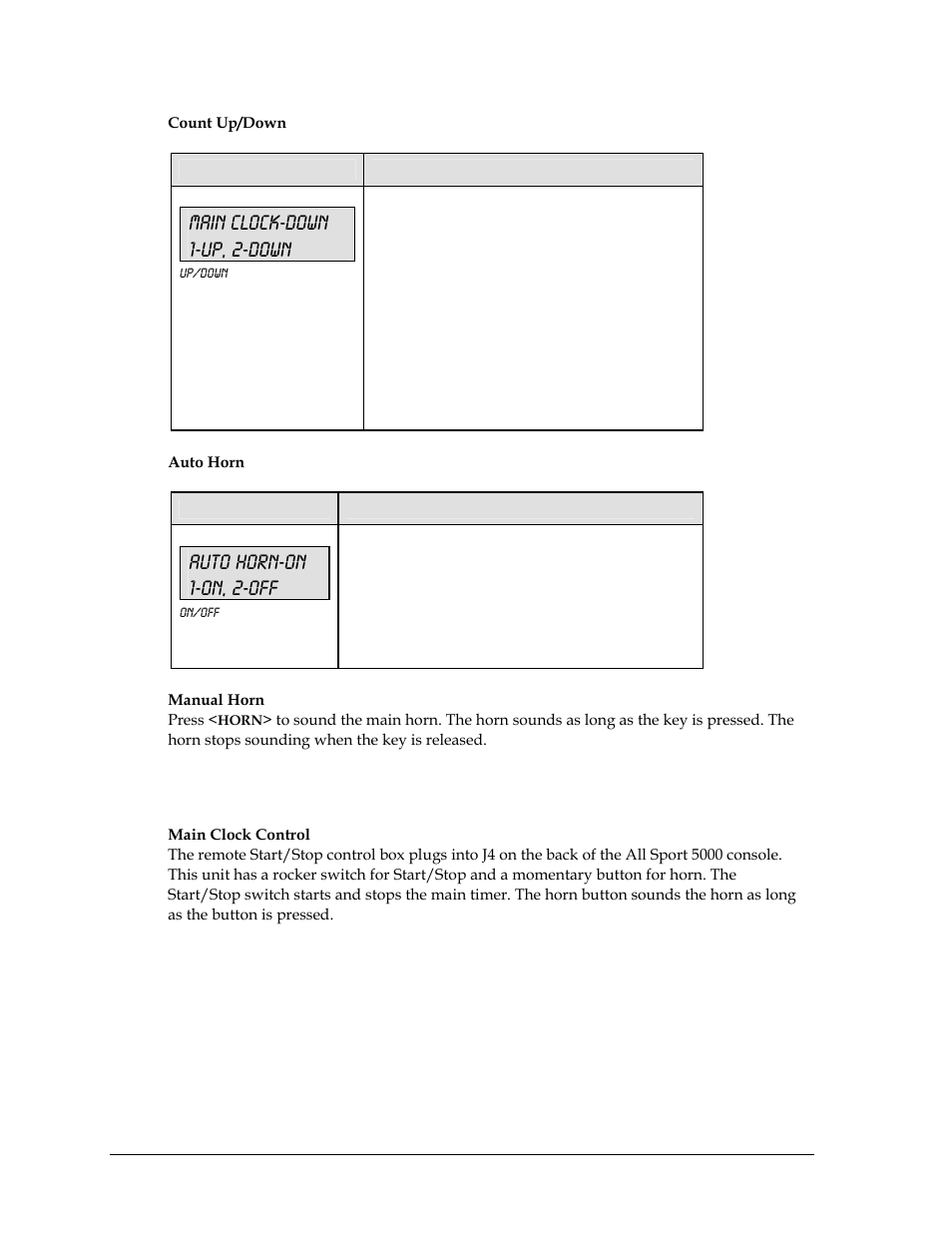 7 remote start/stop controls, Main clock-down 1-up, 2-down, Auto horn-on 1-on, 2-off | Daktronics All Sport 5000 User Manual | Page 53 / 416