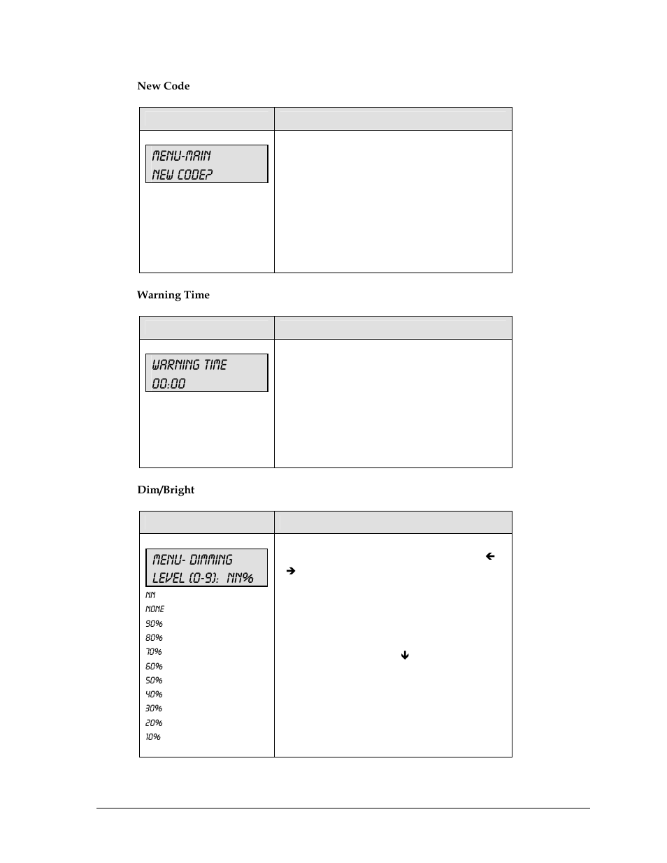Menu-main new code, Warning time 00:00, Menu- dimming level (0-9): nn | Daktronics All Sport 5000 User Manual | Page 62 / 416