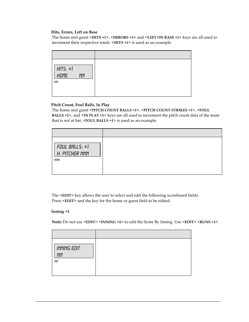 2 edit, Hits: +1 home nn, Foul balls: +1 h. pitcher nnn | Inning edit nn | Daktronics All Sport 5000 User Manual | Page 68 / 416