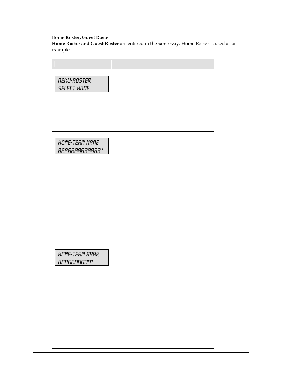 Menu-roster select home | Daktronics All Sport 5000 User Manual | Page 71 / 416