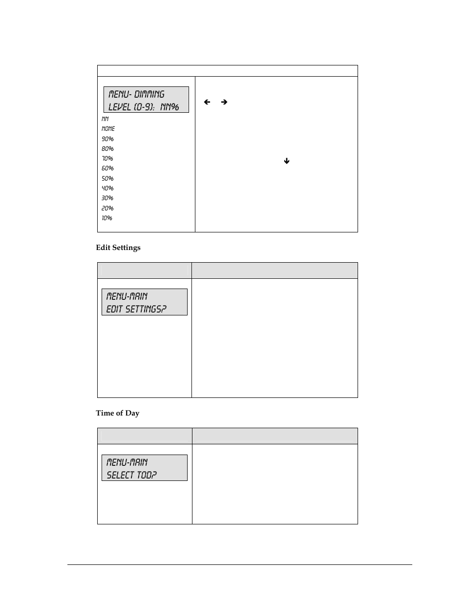 Menu- dimming level (0-9): nn, Menu-main edit settings, Menu-main select tod | Daktronics All Sport 5000 User Manual | Page 74 / 416