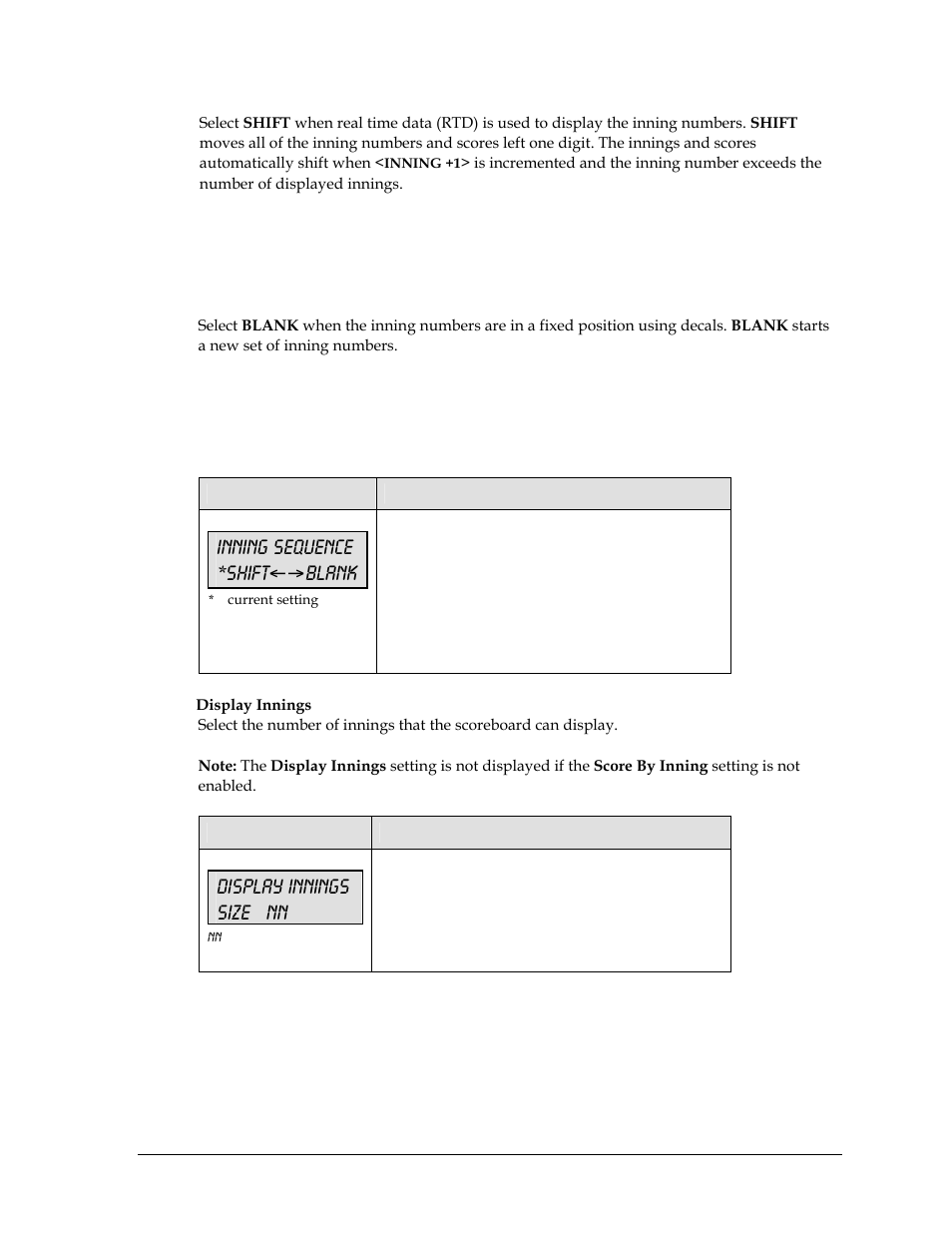 Inning sequence *shift←→blank, Display innings size nn | Daktronics All Sport 5000 User Manual | Page 78 / 416