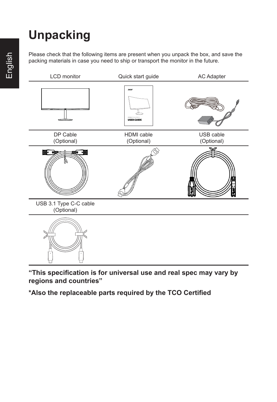 Unpacking, English | Acer CB382CUR 37.5" 1600p Curved Display User Manual | Page 14 / 32