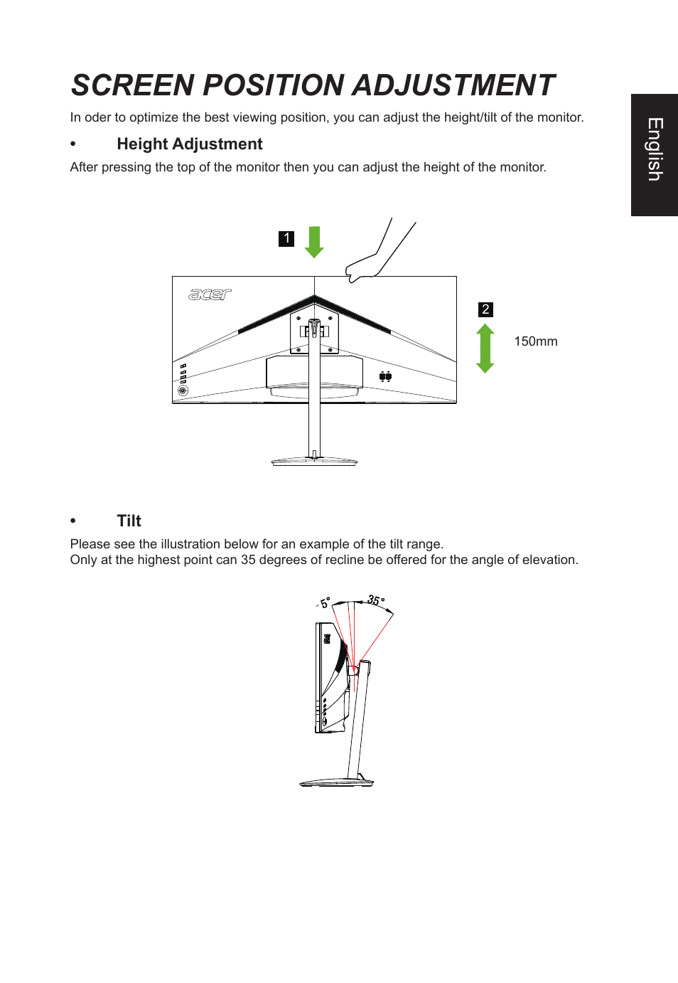 Screen position adjustment, English | Acer CB382CUR 37.5" 1600p Curved Display User Manual | Page 15 / 32