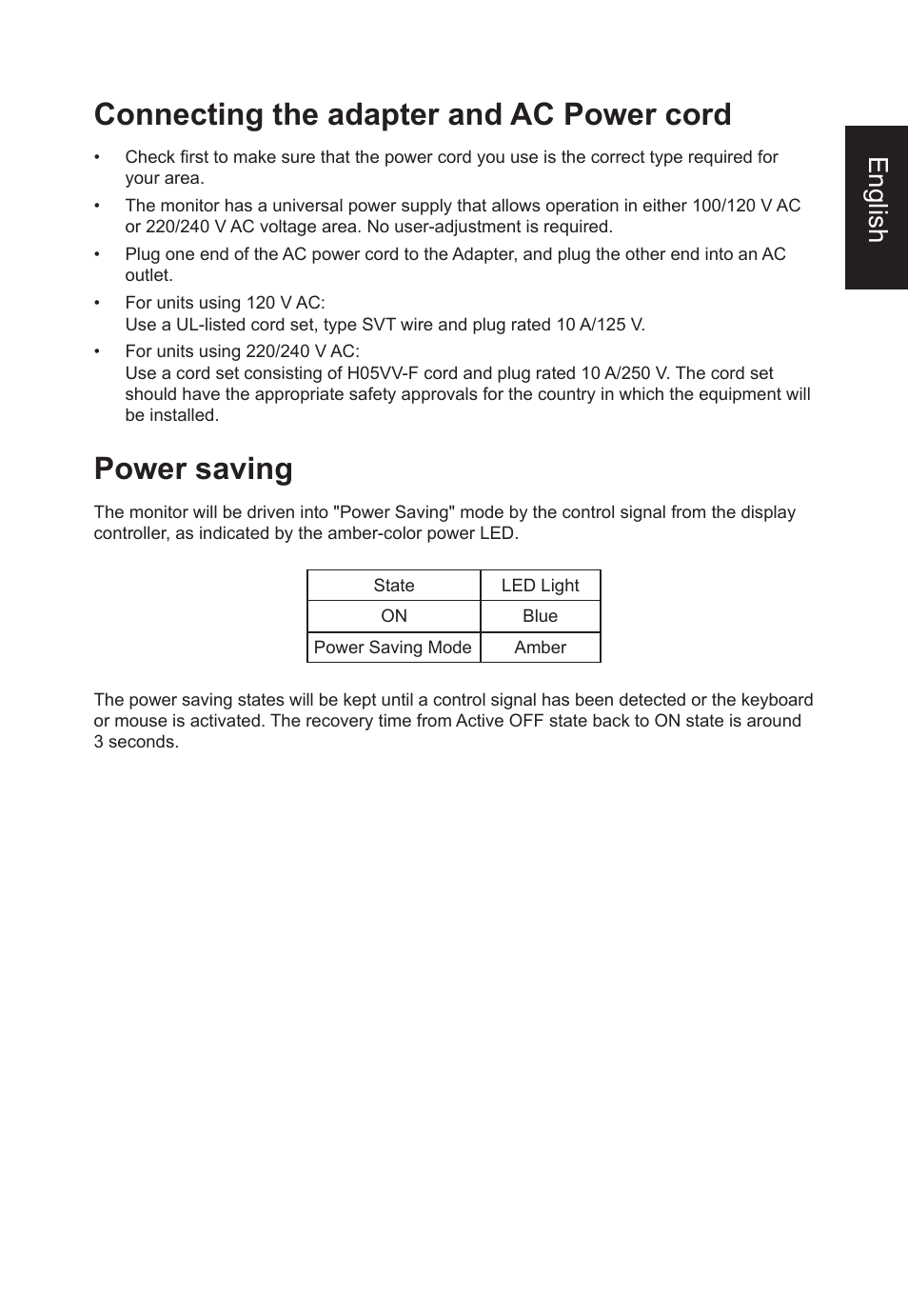 Connecting the adapter and ac power cord, Power saving, English | Acer CB382CUR 37.5" 1600p Curved Display User Manual | Page 17 / 32