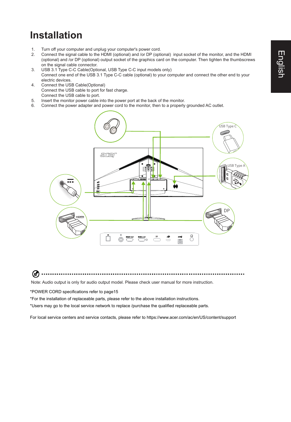 Installation, English | Acer CB382CUR 37.5" 1600p Curved Display User Manual | Page 21 / 32