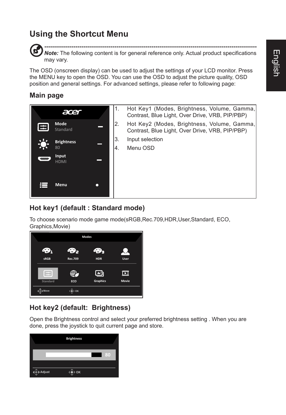 English using the shortcut menu, Main page, Hot key1 (default : standard mode) | Hot key2 (default: brightness) | Acer CB382CUR 37.5" 1600p Curved Display User Manual | Page 23 / 32