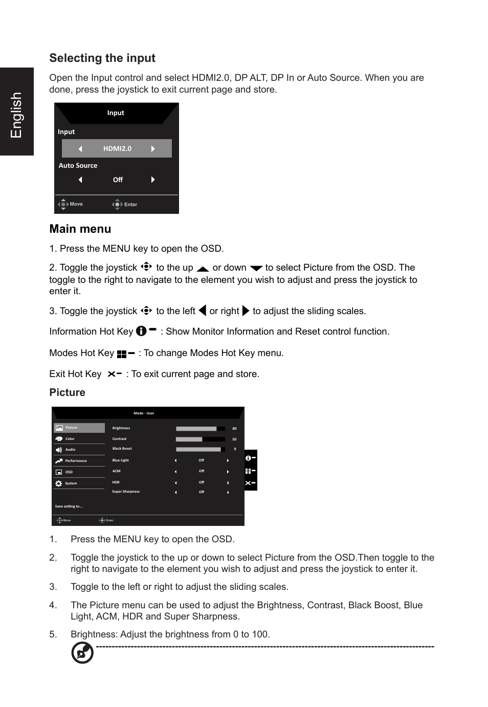 English, Selecting the input, Main menu | Picture | Acer CB382CUR 37.5" 1600p Curved Display User Manual | Page 24 / 32