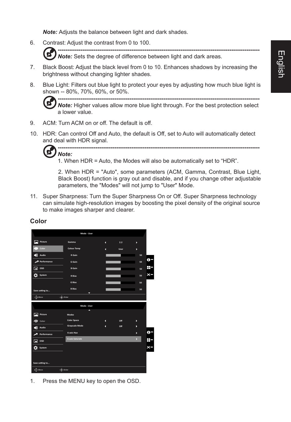 English, Color, Press the menu key to open the osd | Acer CB382CUR 37.5" 1600p Curved Display User Manual | Page 25 / 32