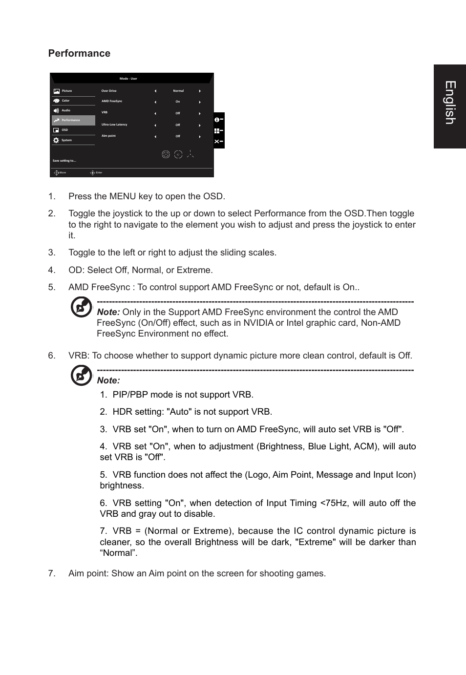 English, Performance | Acer CB382CUR 37.5" 1600p Curved Display User Manual | Page 27 / 32