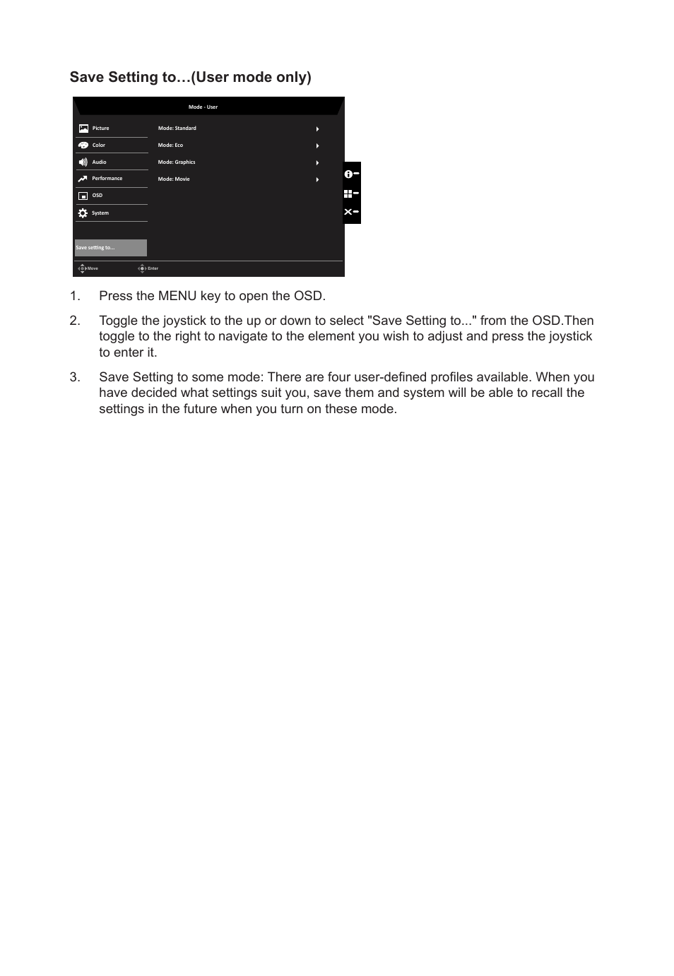 Save setting to…(user mode only) | Acer CB382CUR 37.5" 1600p Curved Display User Manual | Page 30 / 32