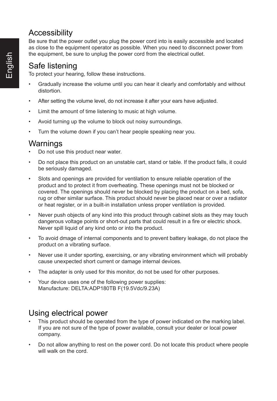 English accessibility, Safe listening, Warnings | Using electrical power | Acer CB382CUR 37.5" 1600p Curved Display User Manual | Page 4 / 32