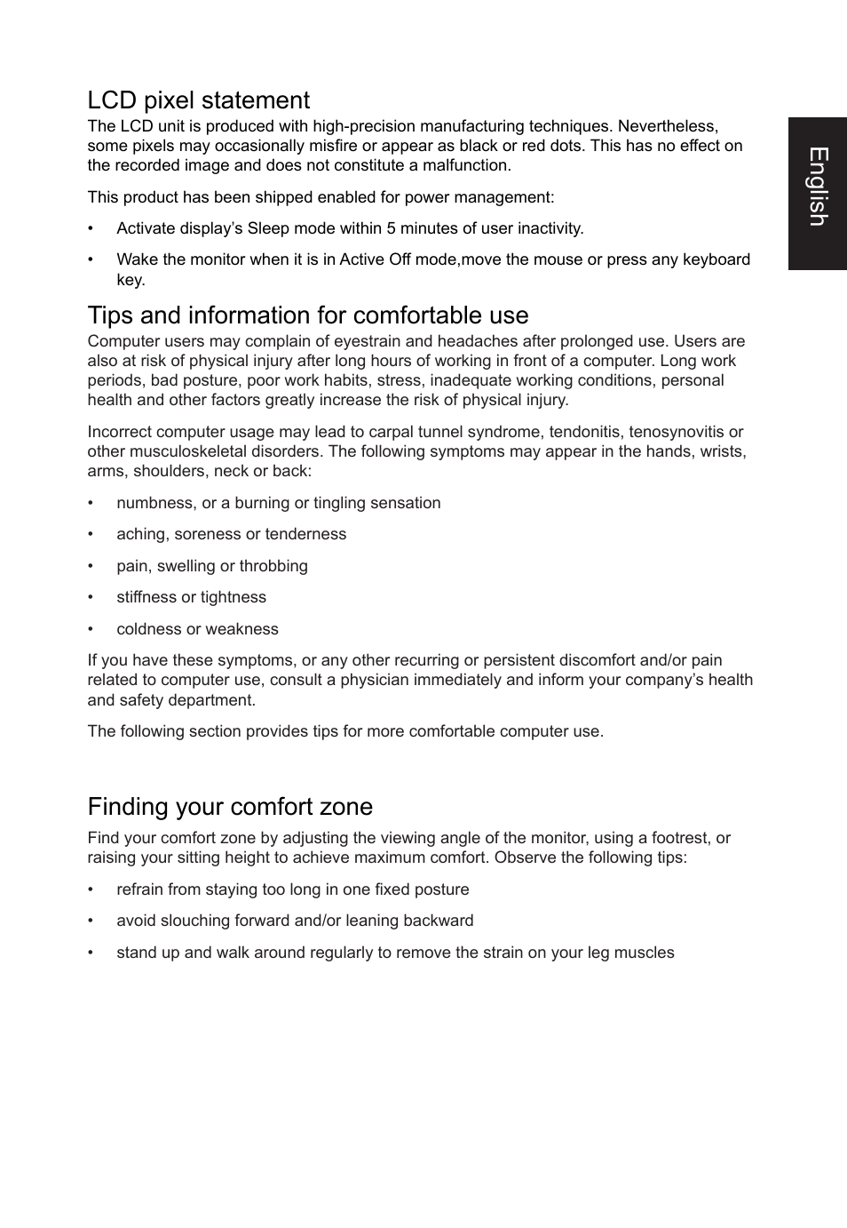 English lcd pixel statement, Tips and information for comfortable use, Finding your comfort zone | Acer CB382CUR 37.5" 1600p Curved Display User Manual | Page 7 / 32