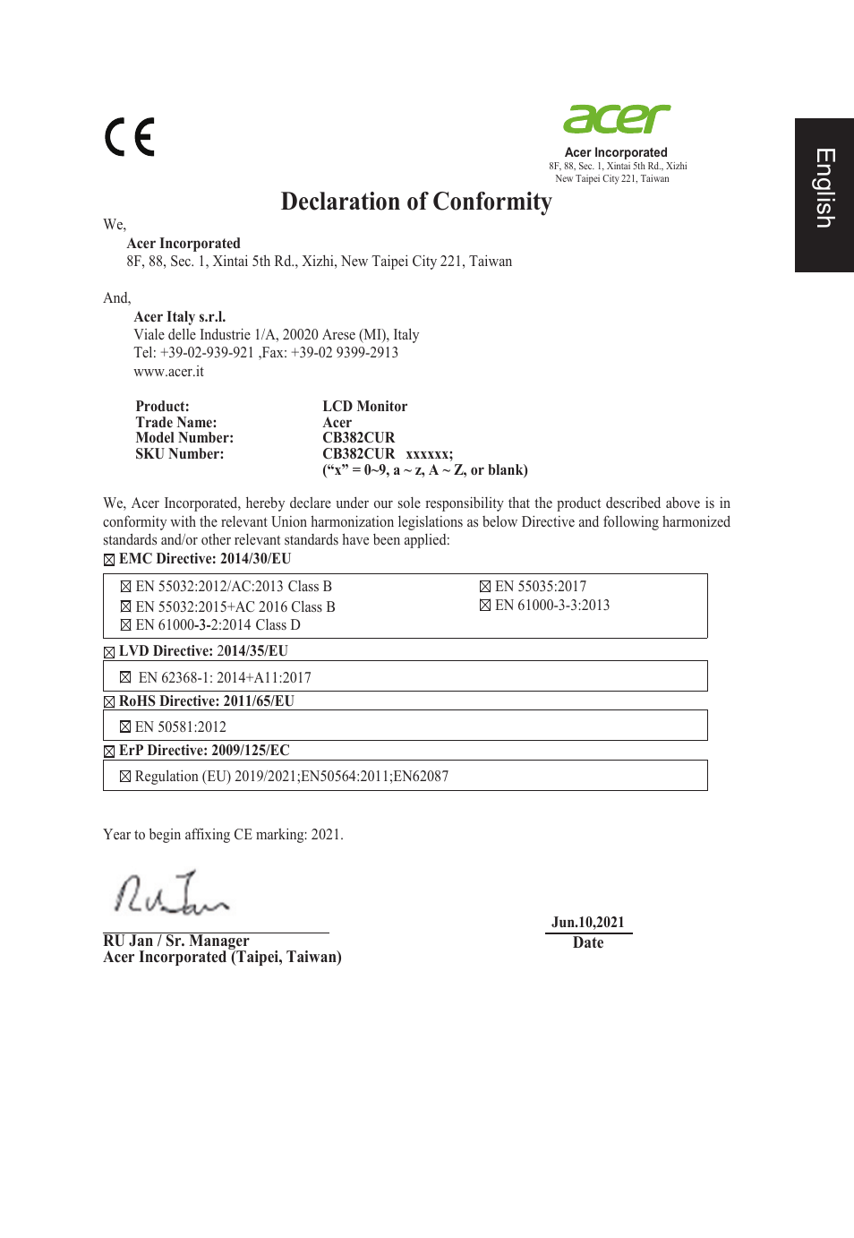 Declaration of conformity, English | Acer CB382CUR 37.5" 1600p Curved Display User Manual | Page 9 / 32