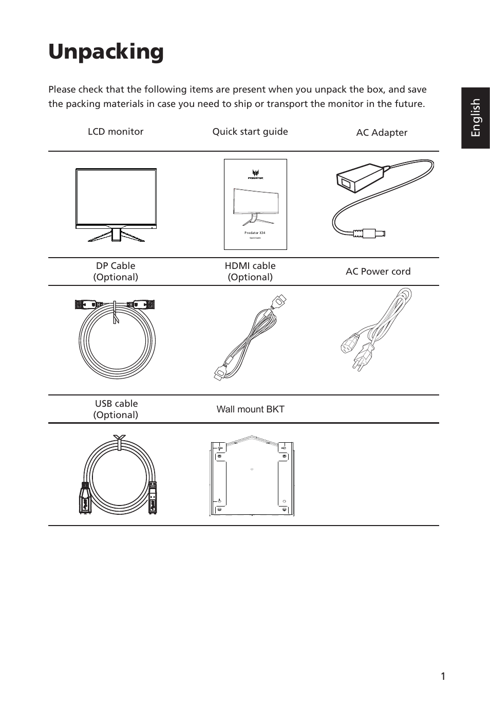 Unpacking, English | Acer Predator X34 GSbmiipphuzx 34" 180 Hz Curved Gaming Monitor User Manual | Page 13 / 30