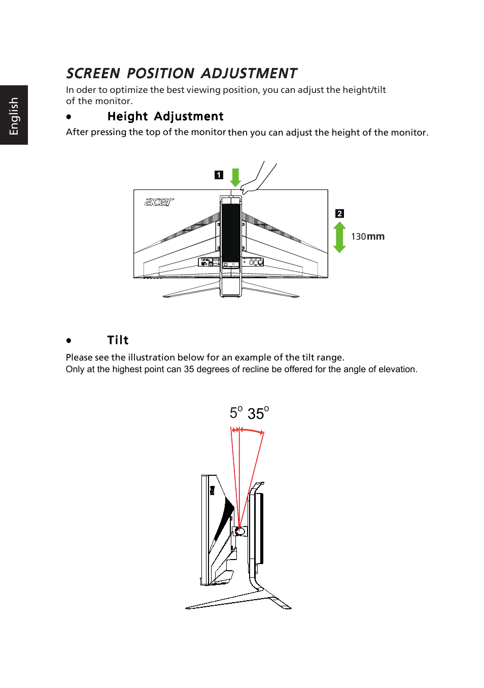 Screen position adjustment | Acer Predator X34 GSbmiipphuzx 34" 180 Hz Curved Gaming Monitor User Manual | Page 14 / 30