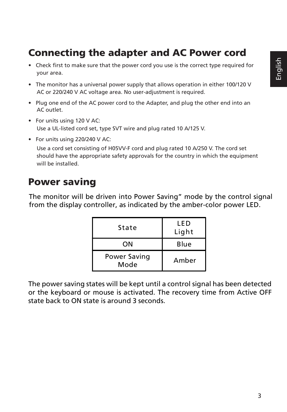 Connecting the adapter and ac power cord, Power saving | Acer Predator X34 GSbmiipphuzx 34" 180 Hz Curved Gaming Monitor User Manual | Page 15 / 30