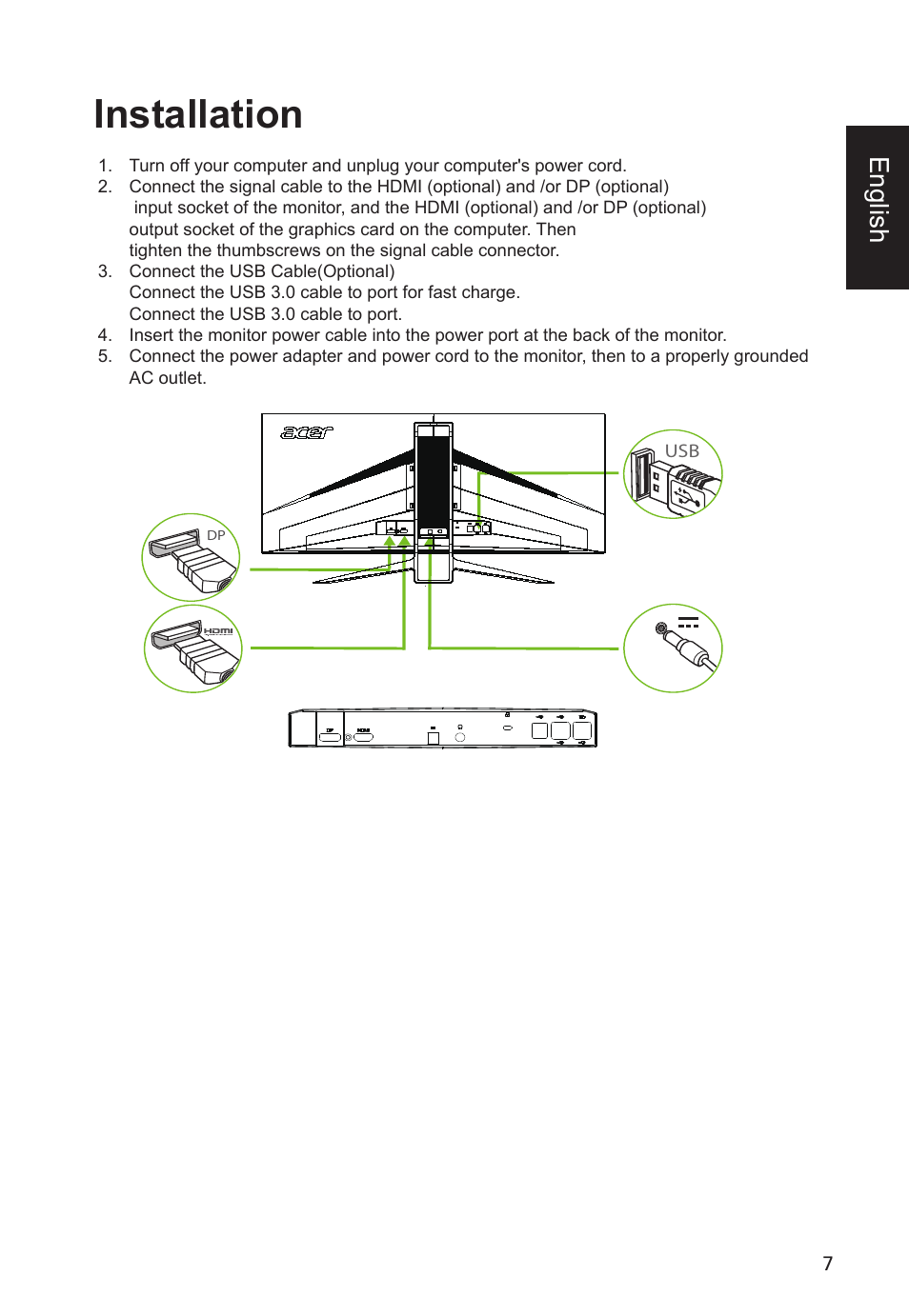 Installation, English | Acer Predator X34 GSbmiipphuzx 34" 180 Hz Curved Gaming Monitor User Manual | Page 19 / 30