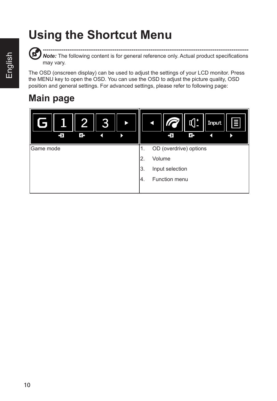 Using the shortcut menu, Main page, English | Acer Predator X34 GSbmiipphuzx 34" 180 Hz Curved Gaming Monitor User Manual | Page 22 / 30