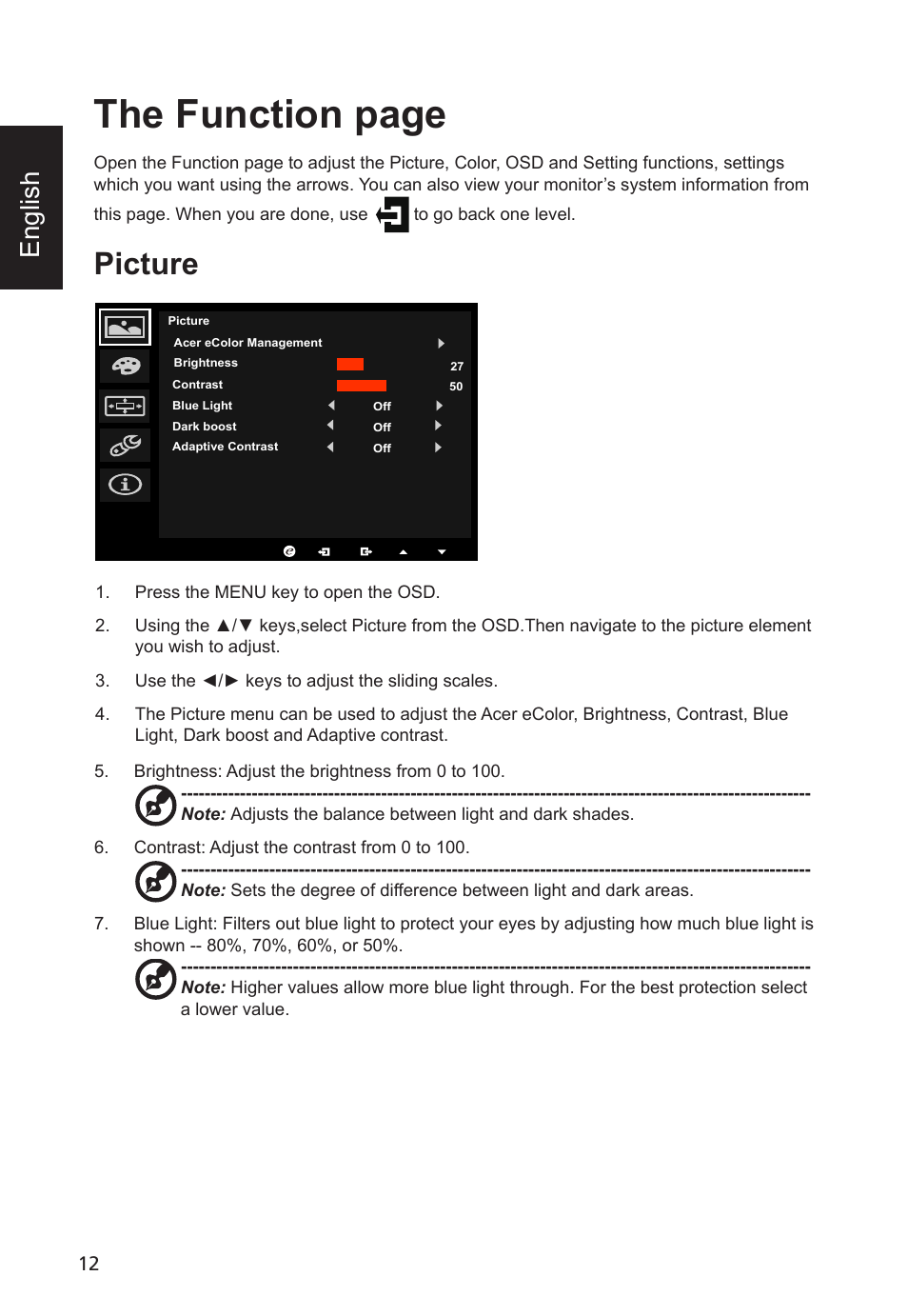 The function page, Picture, English | Acer Predator X34 GSbmiipphuzx 34" 180 Hz Curved Gaming Monitor User Manual | Page 24 / 30