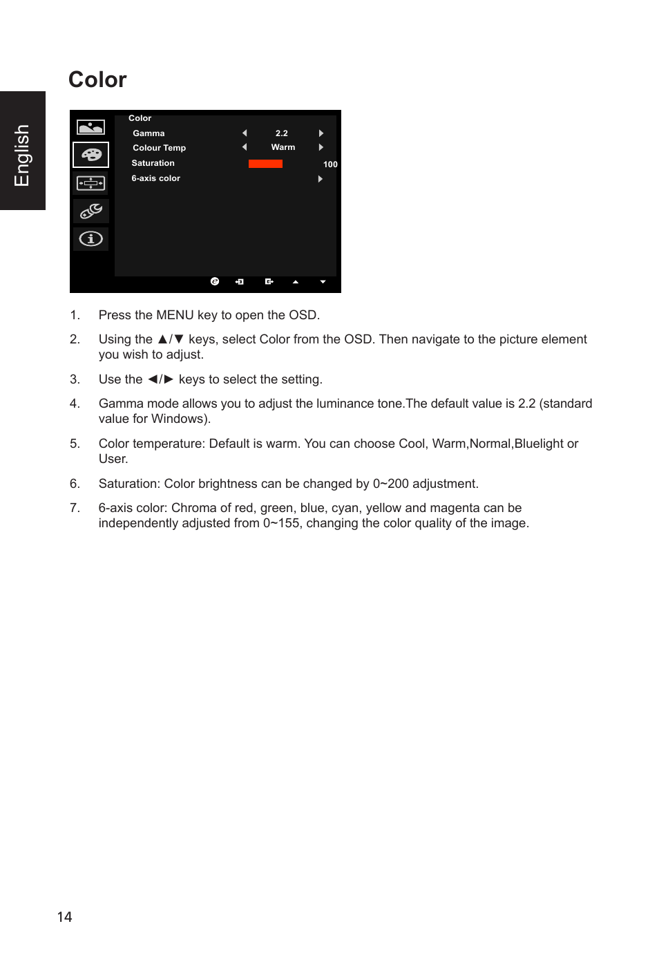 Color, English | Acer Predator X34 GSbmiipphuzx 34" 180 Hz Curved Gaming Monitor User Manual | Page 26 / 30