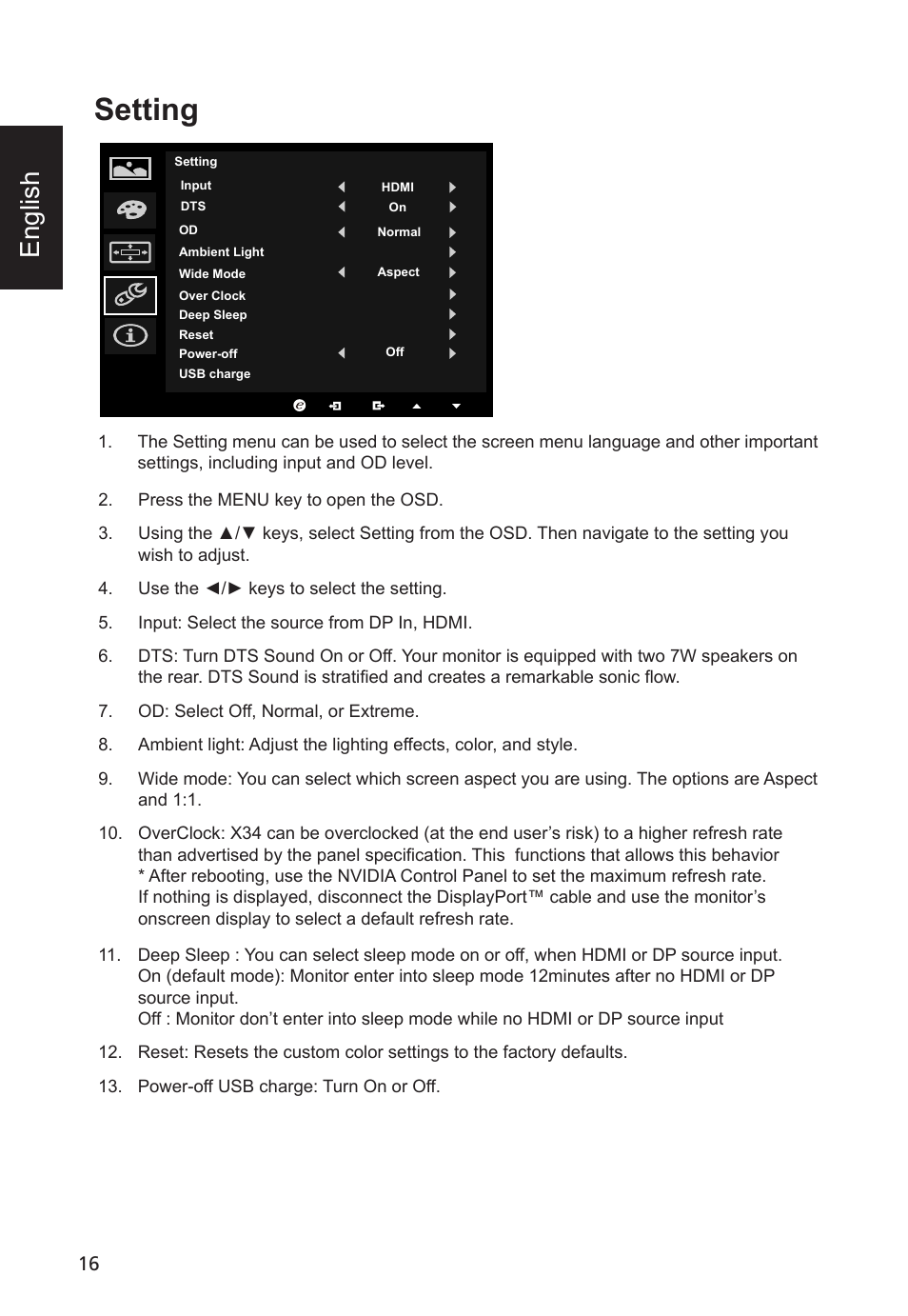 Setting, English | Acer Predator X34 GSbmiipphuzx 34" 180 Hz Curved Gaming Monitor User Manual | Page 28 / 30