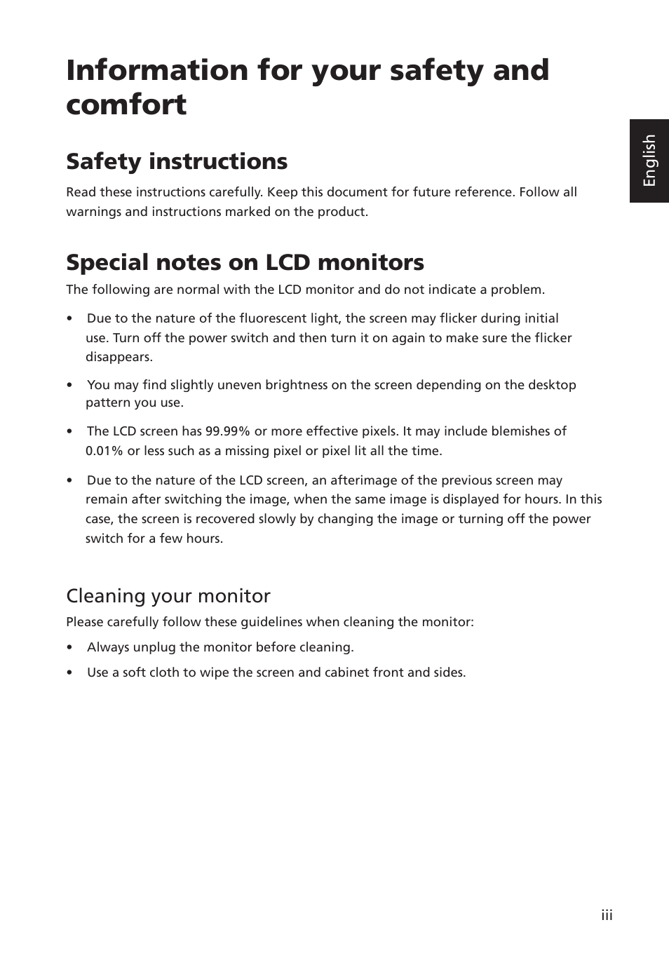 Information for your safety and comfort, Safety instructions, Cleaning your monitor | Acer Predator X34 GSbmiipphuzx 34" 180 Hz Curved Gaming Monitor User Manual | Page 3 / 30