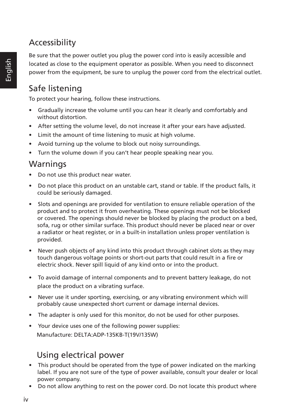 Accessibility, Safe listening, Warnings | Using electrical power, English | Acer Predator X34 GSbmiipphuzx 34" 180 Hz Curved Gaming Monitor User Manual | Page 4 / 30