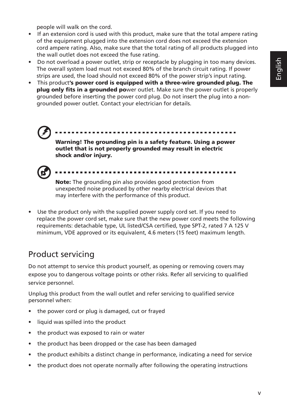 Product servicing, English | Acer Predator X34 GSbmiipphuzx 34" 180 Hz Curved Gaming Monitor User Manual | Page 5 / 30