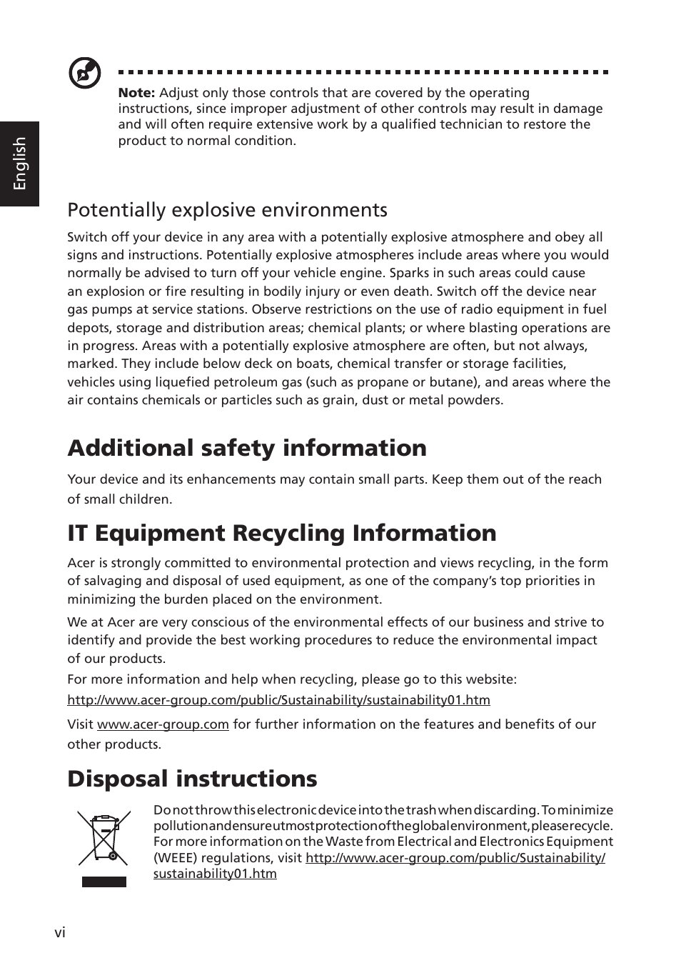 Additional safety information, It equipment recycling information, Disposal instructions | Potentially explosive environments | Acer Predator X34 GSbmiipphuzx 34" 180 Hz Curved Gaming Monitor User Manual | Page 6 / 30